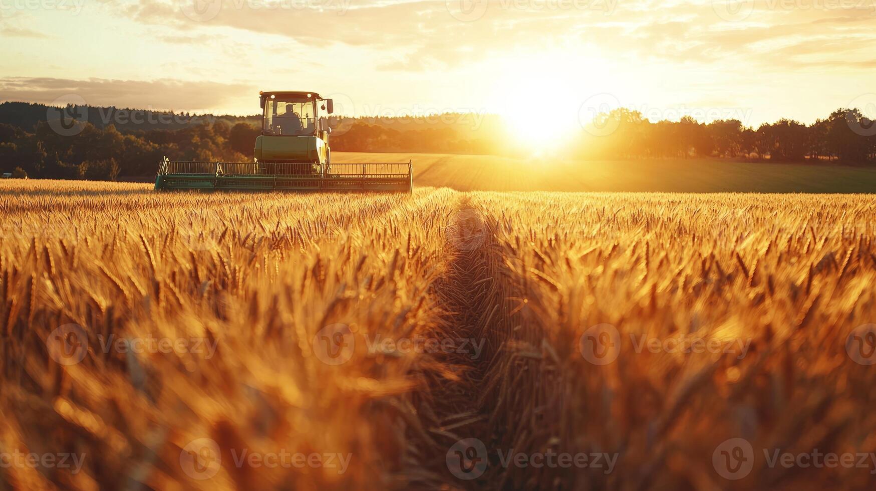 A tractor harvesting a vast golden wheat field at sunset photo