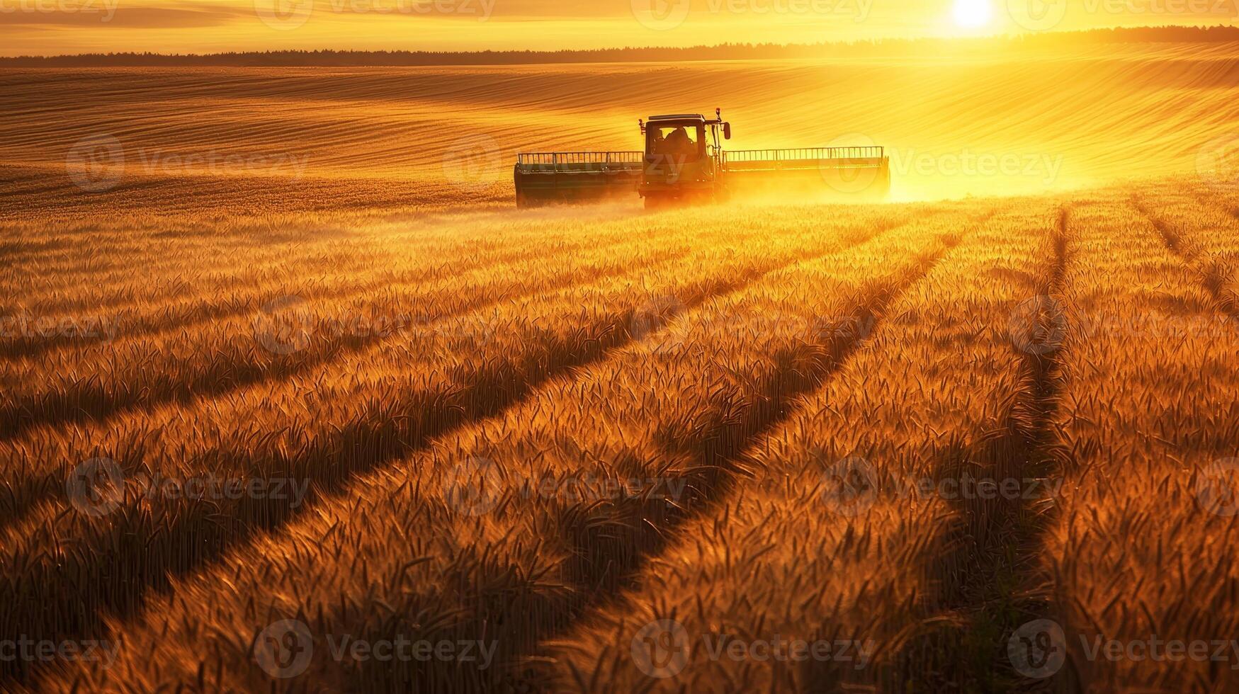 A tractor harvesting a vast golden wheat field at sunset photo