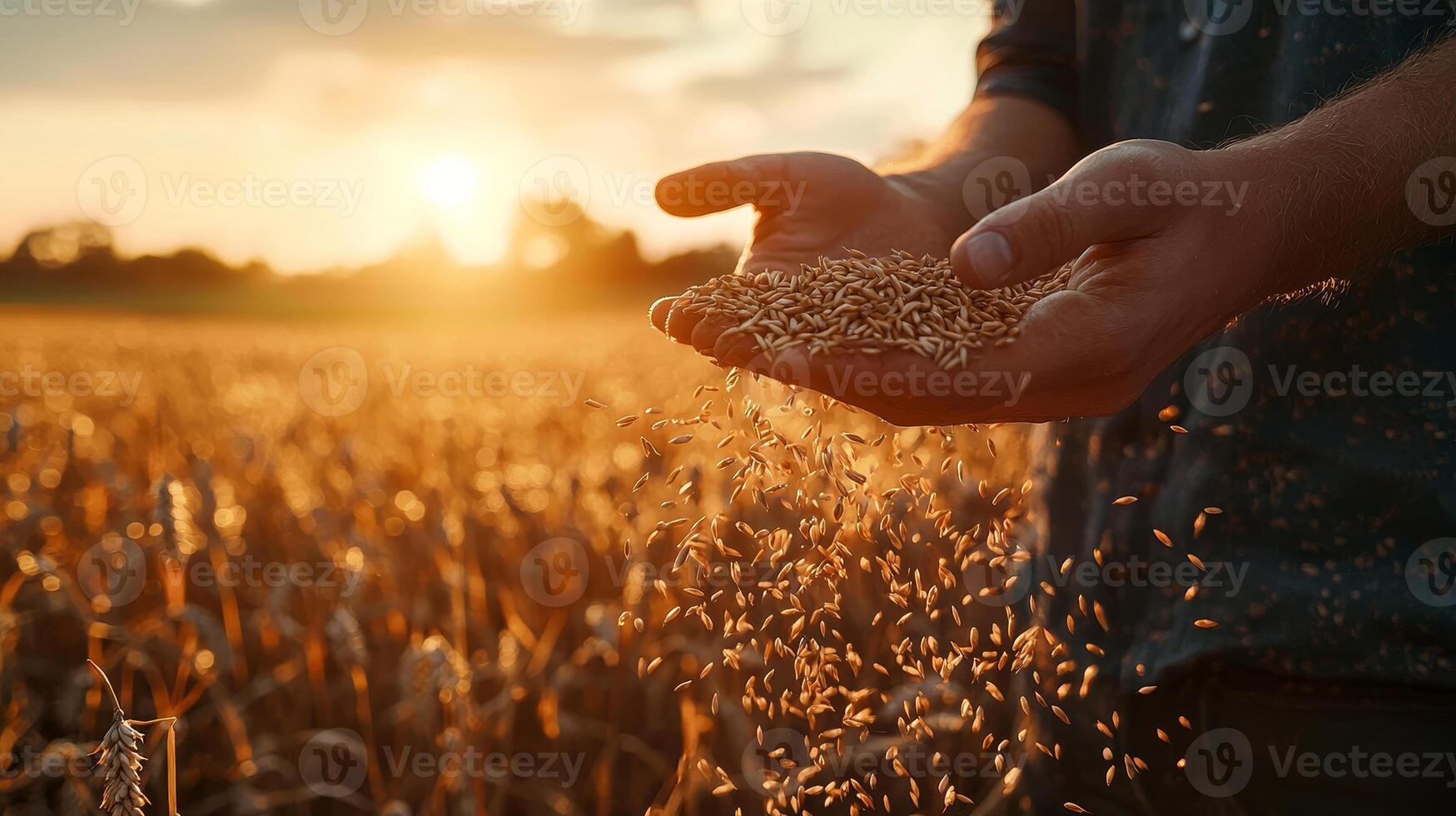 A farmer's hand holding grains of wheat against a backdrop of a golden wheat field during sunset, symbolizing harvest. photo