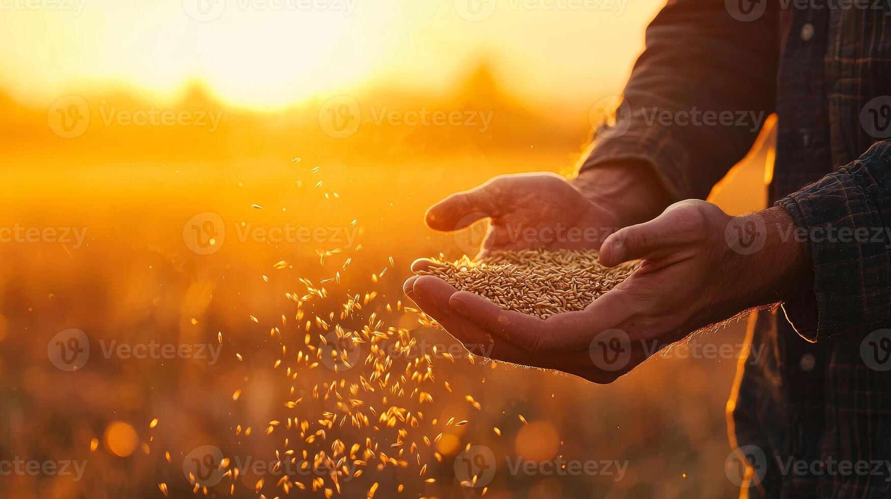 A farmer's hand holding grains of wheat against a backdrop of a golden wheat field during sunset, symbolizing harvest. photo