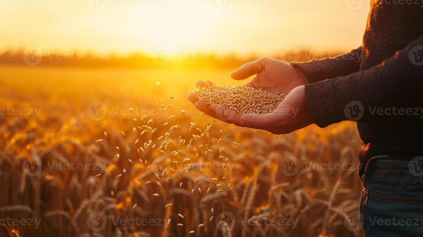A farmer's hand holding grains of wheat against a backdrop of a golden wheat field during sunset, symbolizing harvest. photo