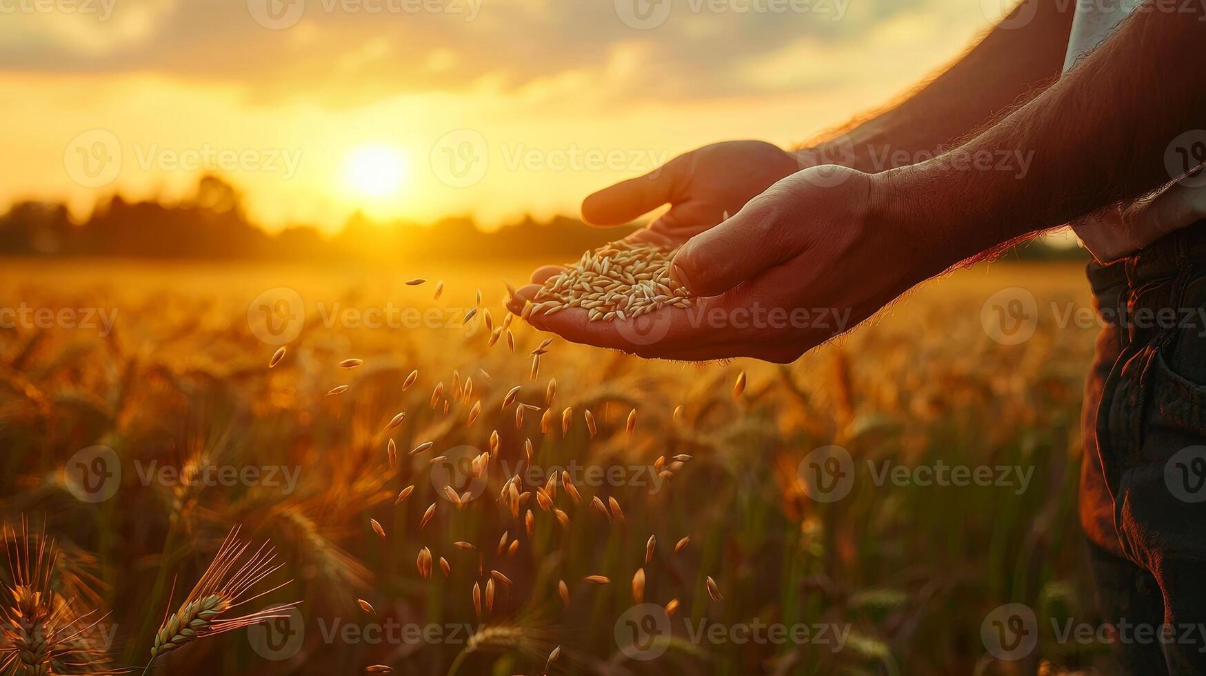A farmer's hand holding grains of wheat against a backdrop of a golden wheat field during sunset, symbolizing harvest. photo