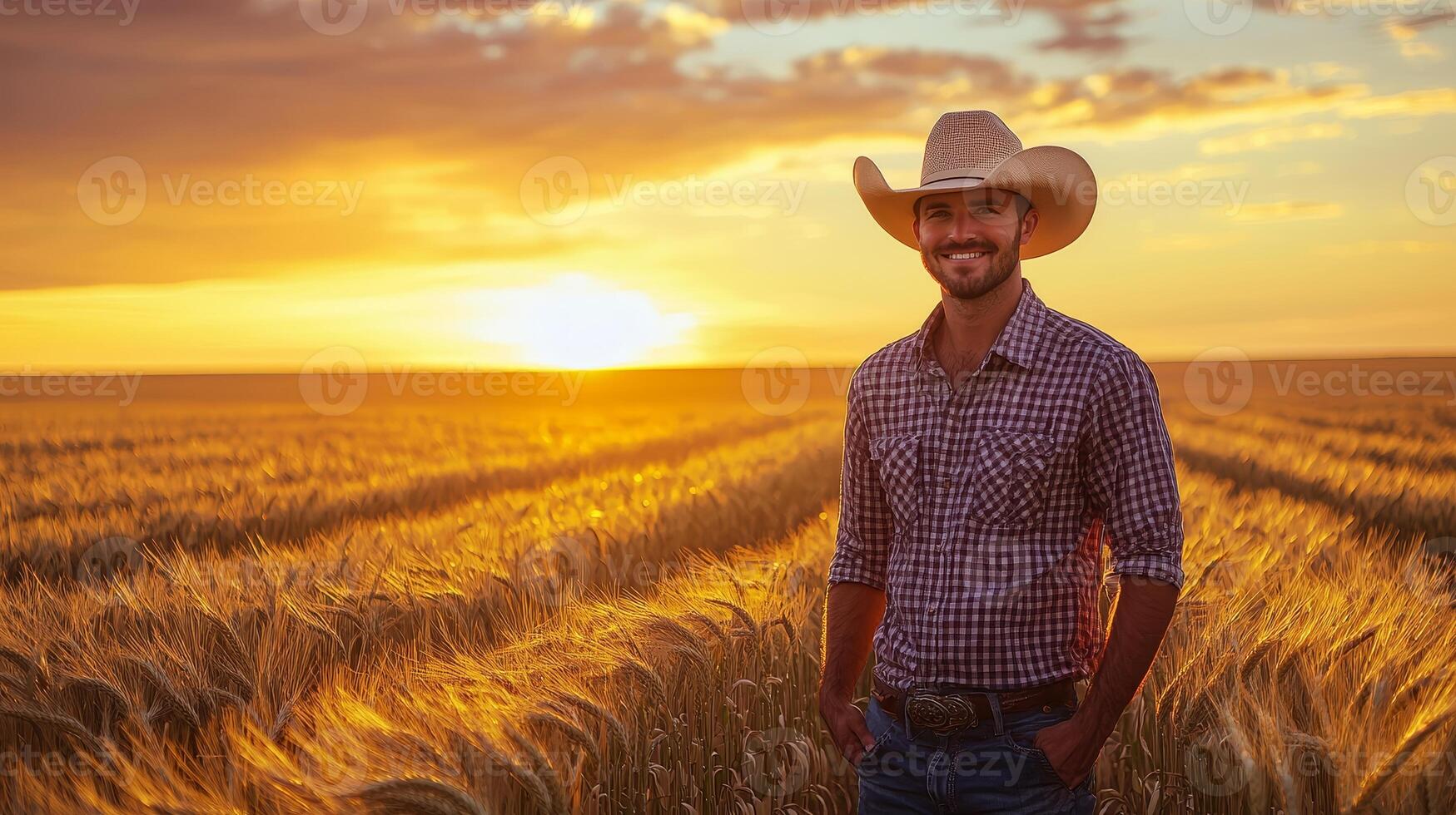 A farmer standing in a golden wheat field at sunset, gazing over the landscape, symbolizing rural life and agriculture. photo