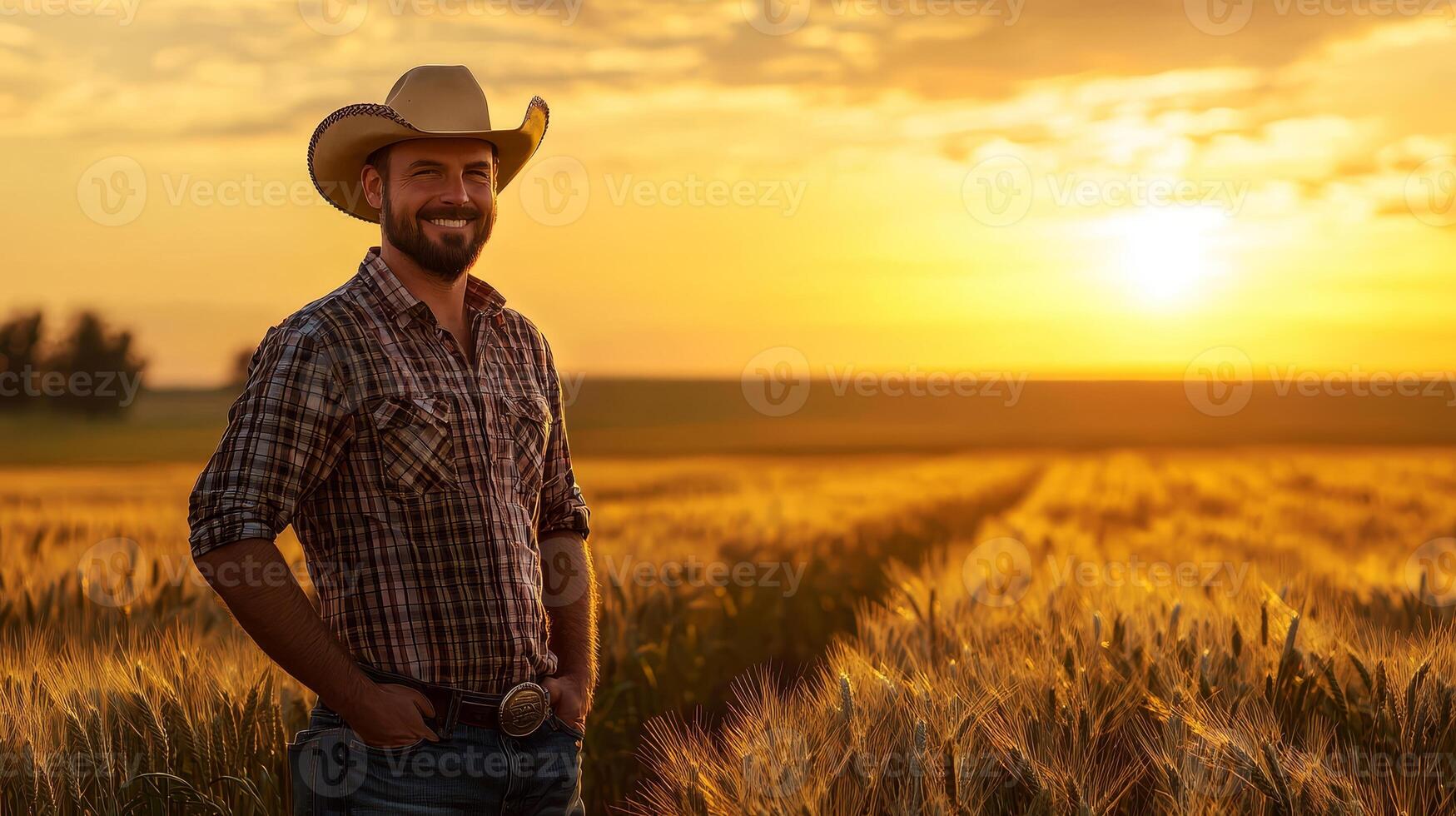 A farmer standing in a golden wheat field at sunset, gazing over the landscape, symbolizing rural life and agriculture. photo