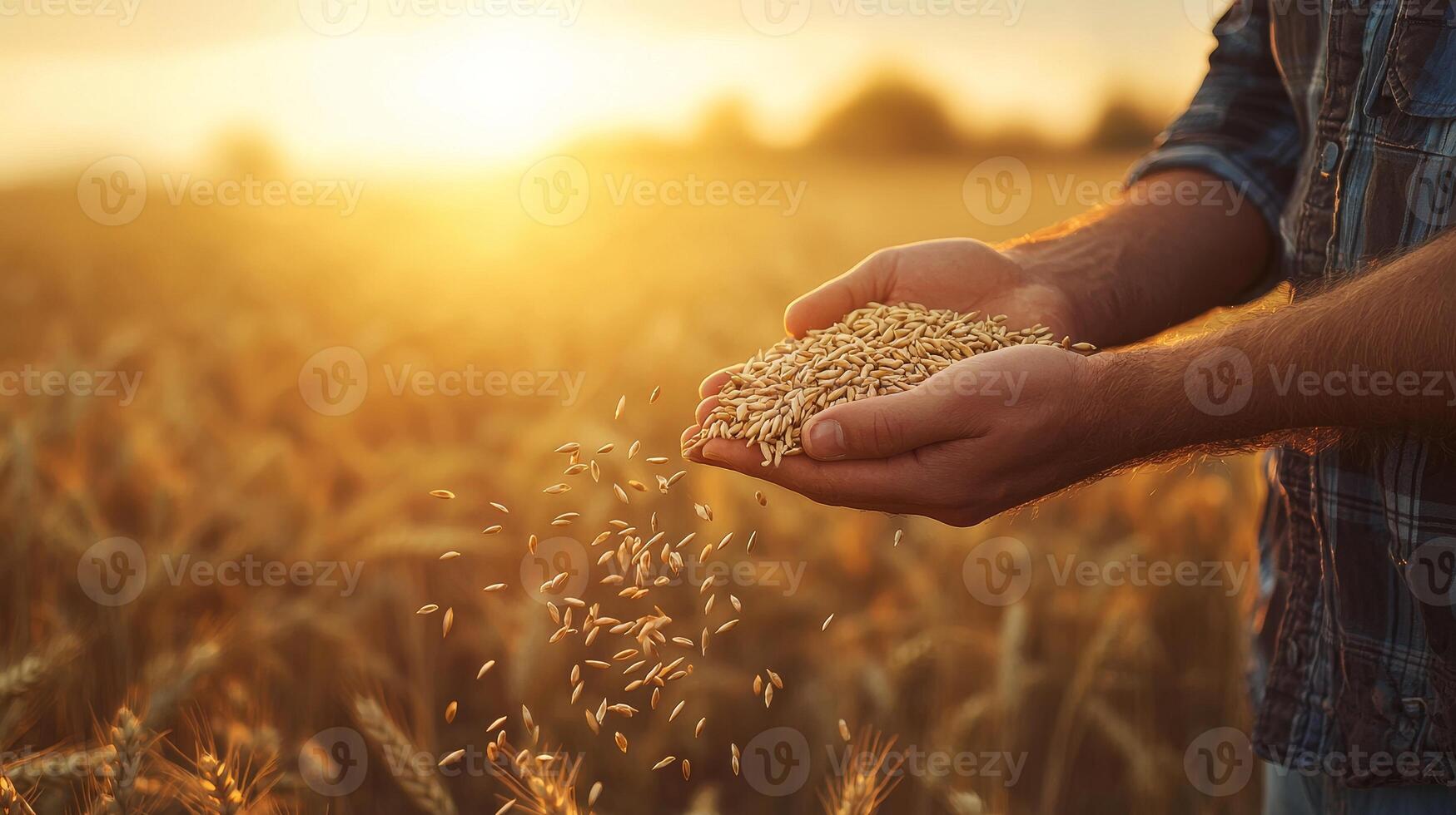 A farmer's hand holding grains of wheat against a backdrop of a golden wheat field during sunset, symbolizing harvest. photo
