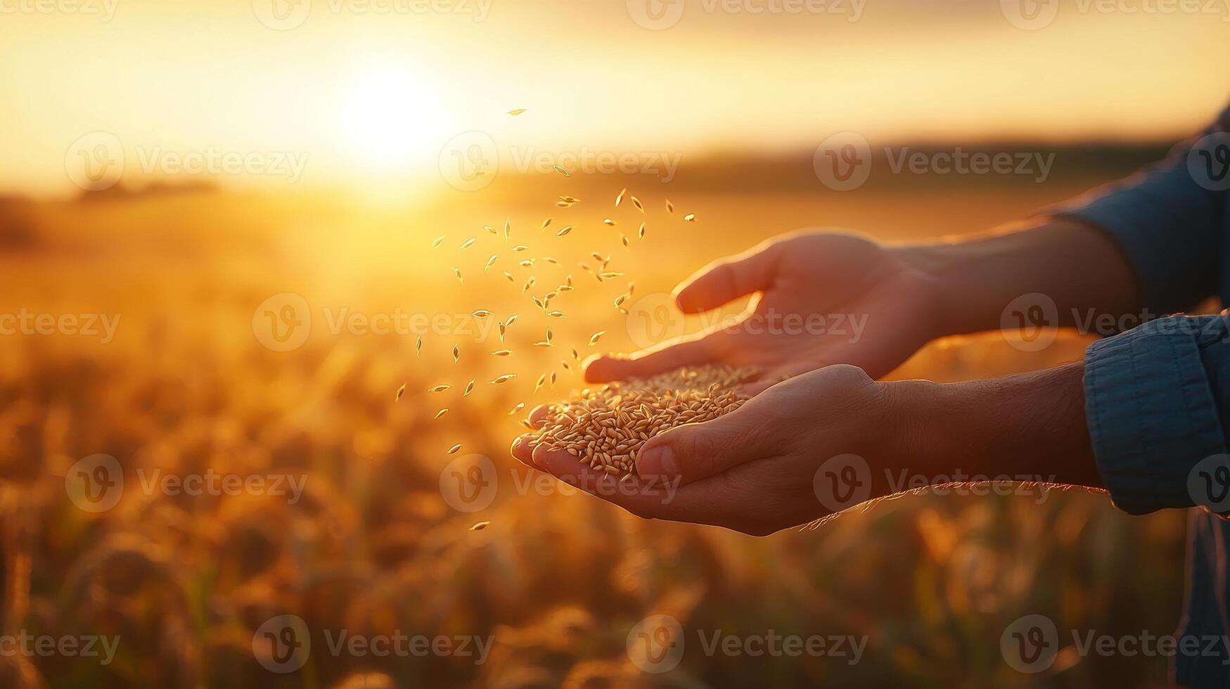 A farmer's hand holding grains of wheat against a backdrop of a golden wheat field during sunset, symbolizing harvest. photo