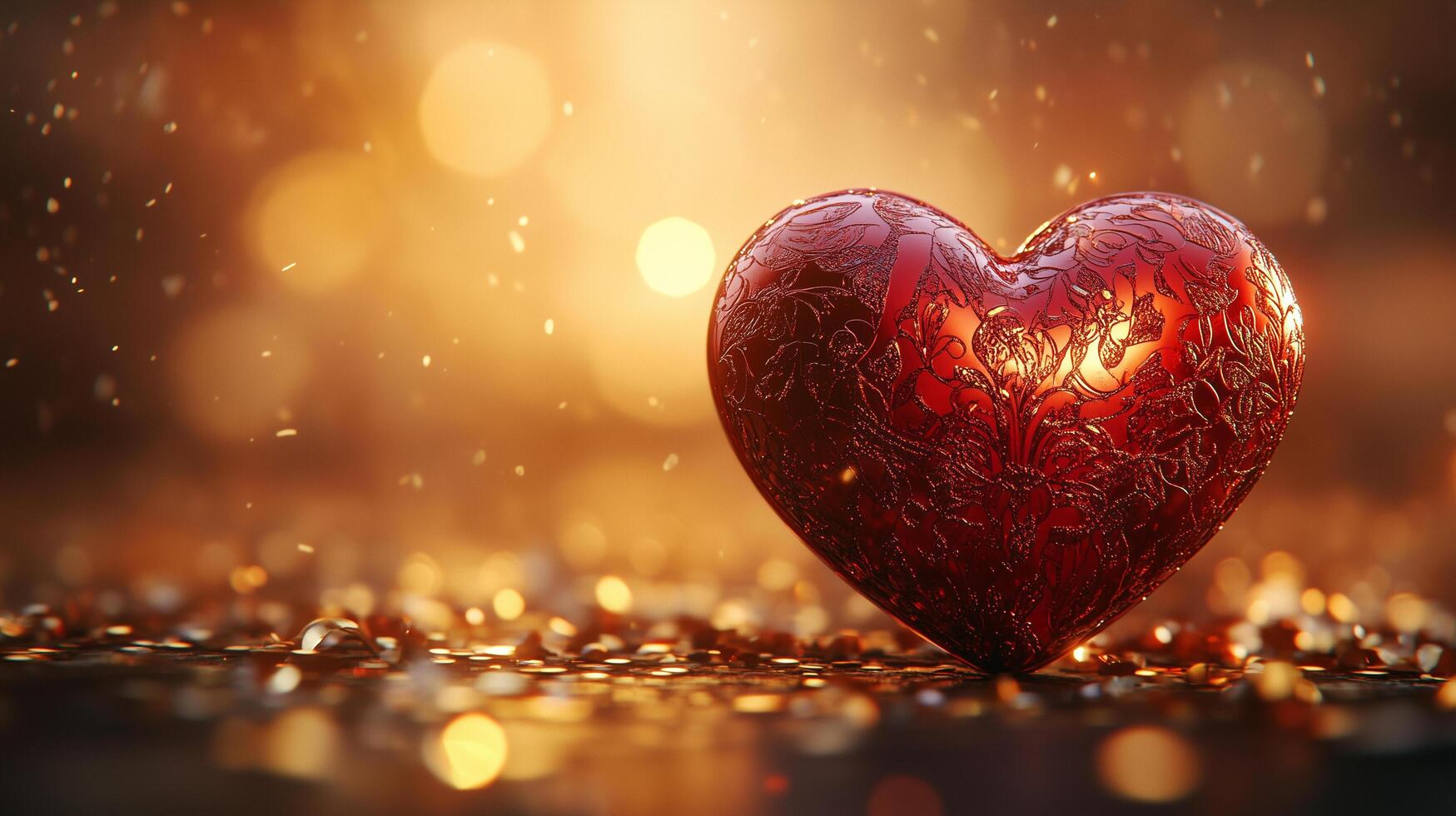 A beautifully embossed red heart rests on a glimmering surface, illuminated by golden light and delicate sparkles, evoking timeless love, romance, and warmth perfect for Valentines celebration. photo