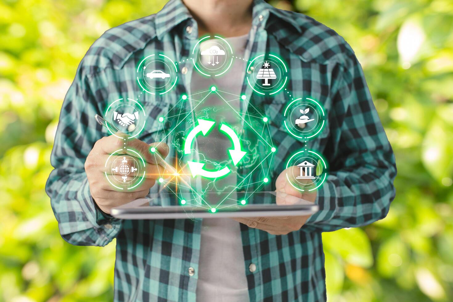 person use software to save energy,and reduce global warming,ecology friendly investment,ESG environment social governance,nature green Business Innovation and Sustainable Development concept. photo