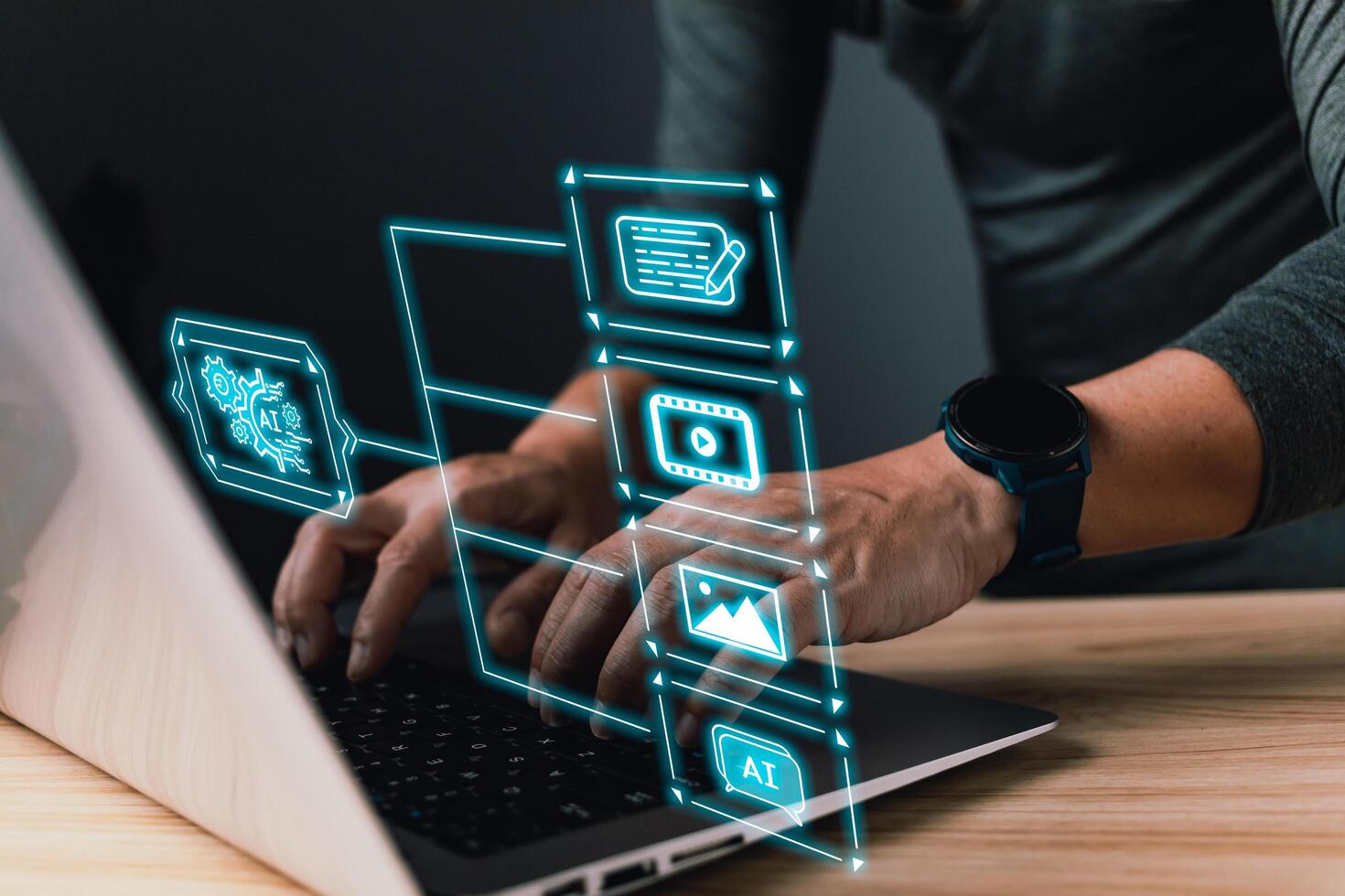 Content creation and online marketing strategies to grow their digital business. analyze media streaming. Man touch icon ai, Marketers education, research. photo