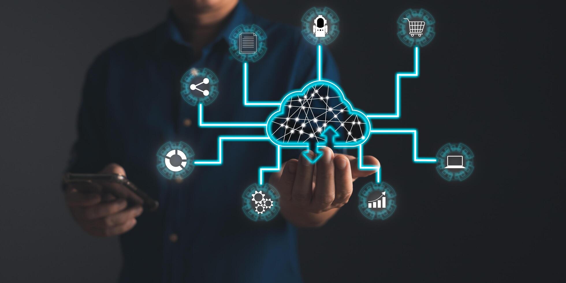 man holding icon cloud computing diagram show on hand. data storage.cloud technology.secure backup and consistency networking and internet service concept.implementing storage technology in business photo