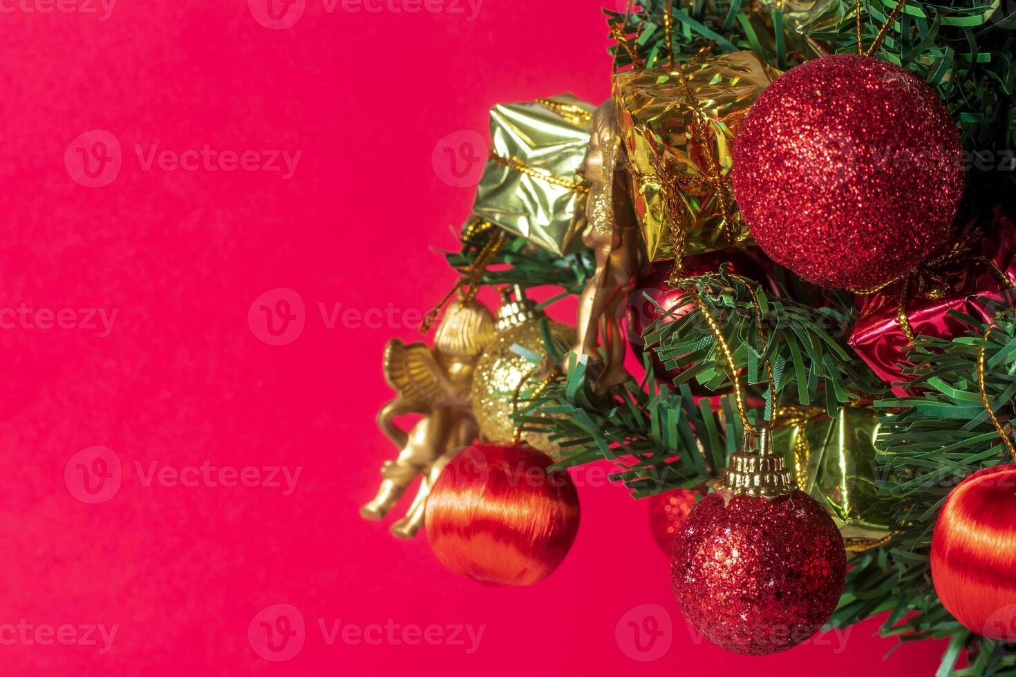Christmas decorations on a red background photo