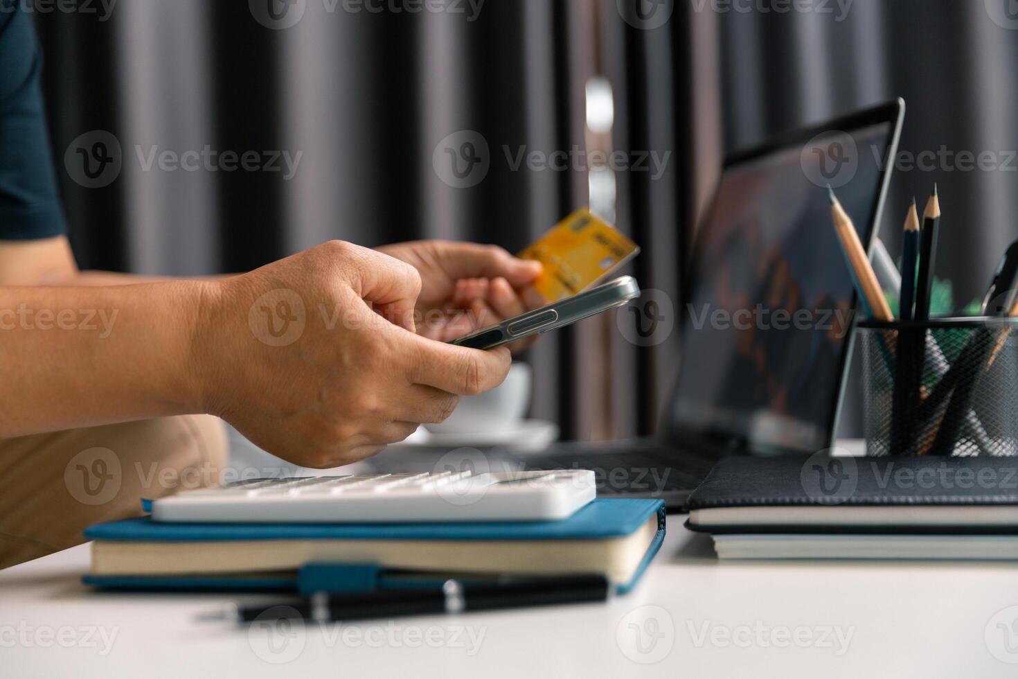 Woman sat at home using her computer to buy items online, seamlessly making purchases through various e-business platforms with her credit card, enjoying convenience of digital shopping. sell, money photo