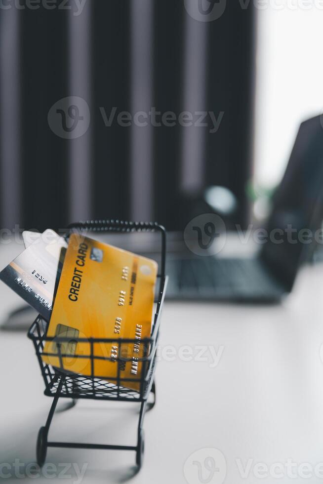 Effective marketing in e-business drives commerce by encouraging online shopping, where customers fill their carts and make purchases during sales, all within vast expanse of cyberspace. idea, pay photo