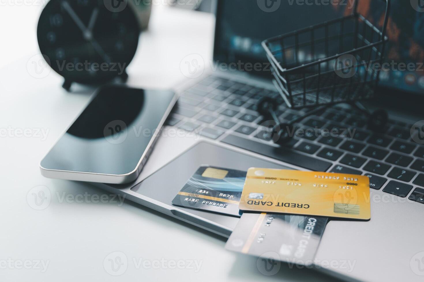 Effective marketing in e-business drives commerce by encouraging online shopping, where customers fill their carts and make purchases during sales, all within vast expanse of cyberspace. idea, pay photo
