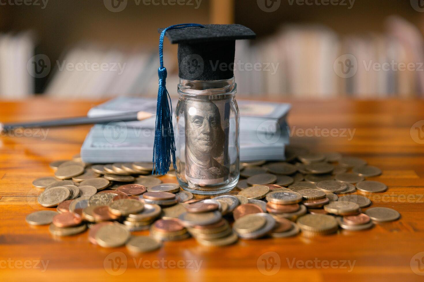 Investing in education abroad, saving coins and money, leads to financial growth, successful graduation, and future success. management, planning, stack, profit, prosperity, step, performance, secure photo