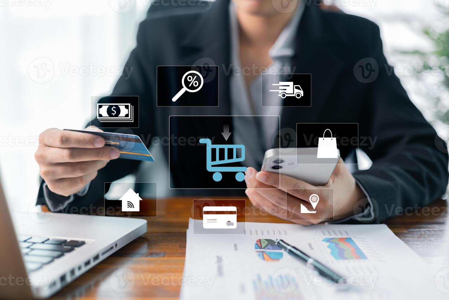 Digital commerce has revolutionized market, with businesses now offering seamless online shopping experiences where customers can easily shop and make payments using credit cards. shopping, online. photo