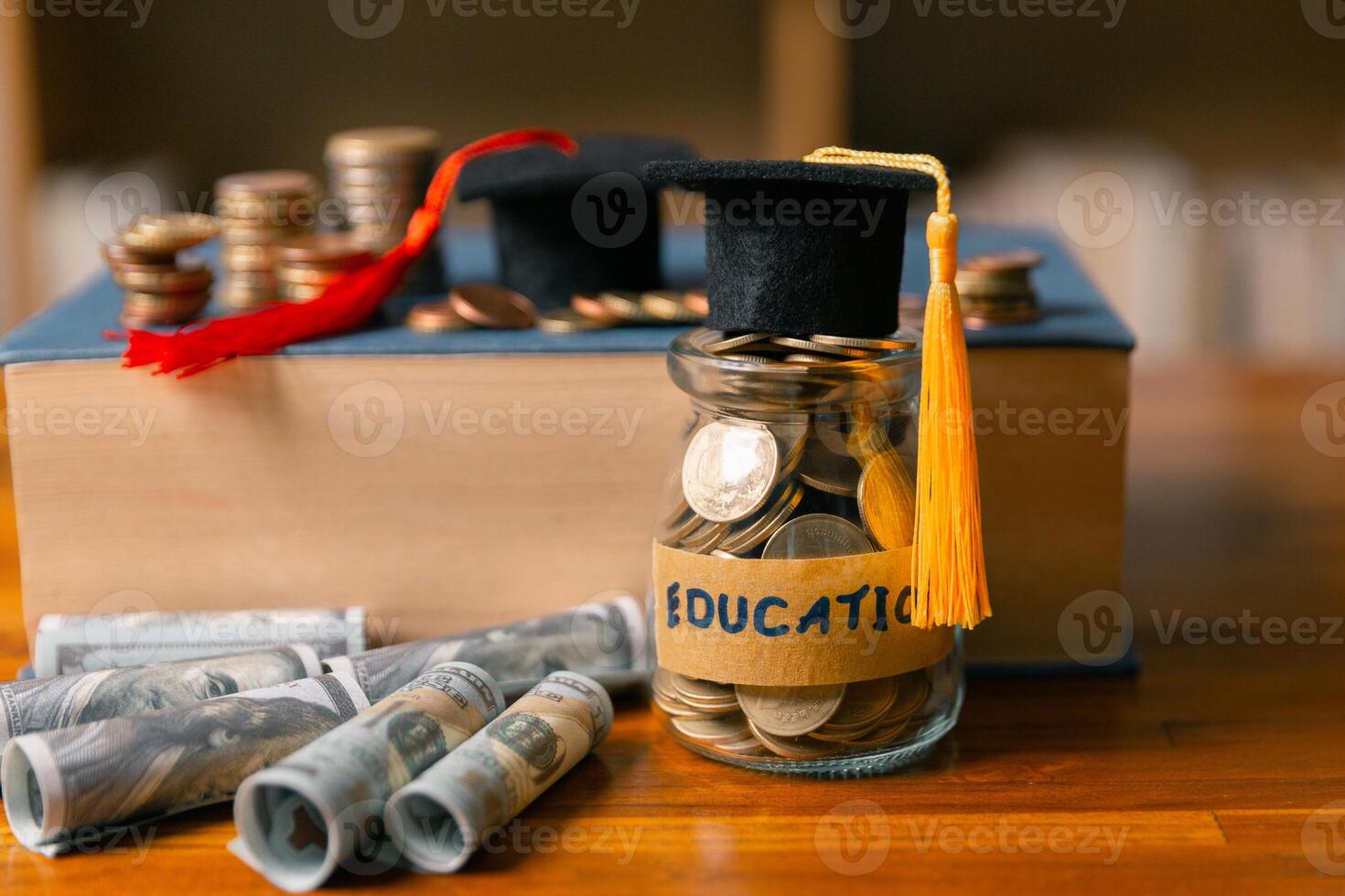 Investing in education abroad, saving coins and money, leads to financial growth, successful graduation, and future success. management, planning, stack, profit, prosperity, step, performance, secure photo