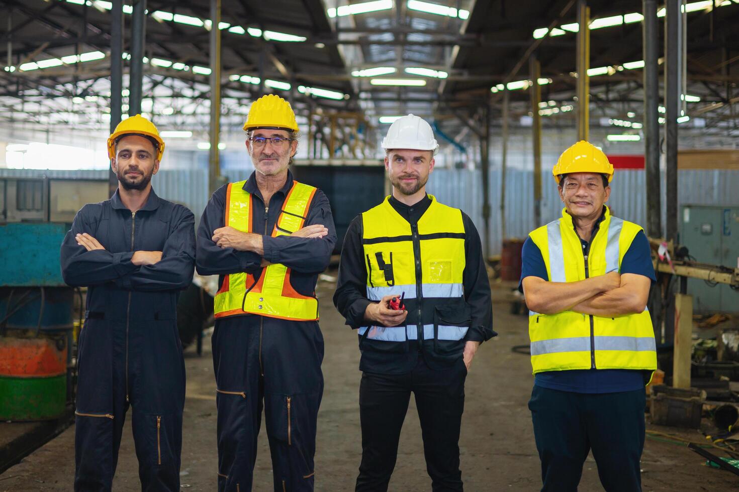group of construction workers are high fiving each other photo