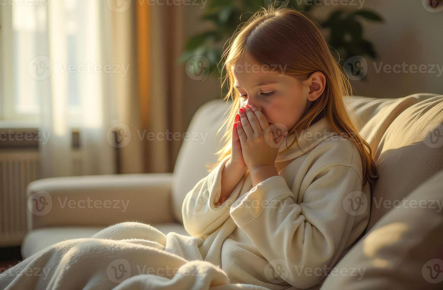 Sick caucasian child girl wrapped in blanket feel unhealthy at home, photo