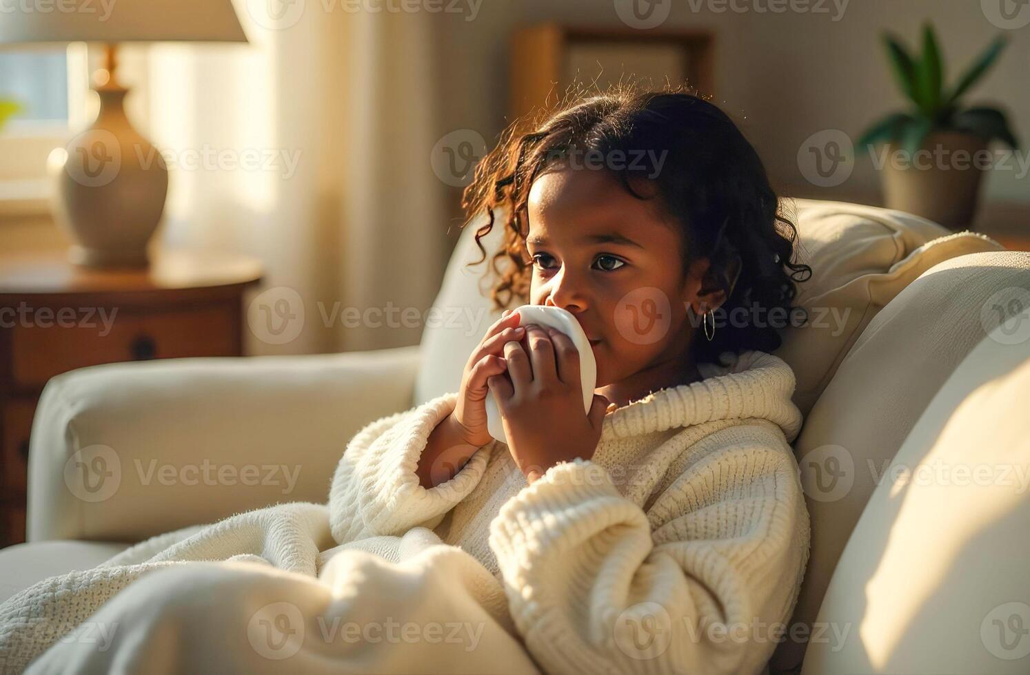 Sick black skinned child girl wrapped in blanket feel unhealthy at home, photo