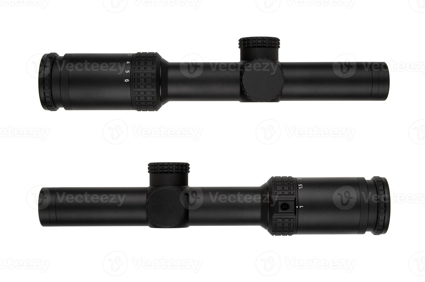 Black rifle scope with adjustment knobs and magnification settings, isolated on a white background. photo