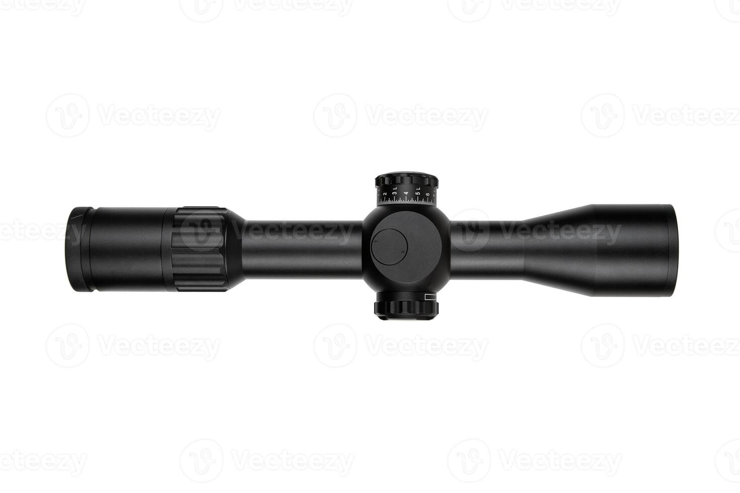 High-quality rifle scope with adjustment knobs, black matte finish, precision optics, ideal for hunting and shooting sports, isolated on a white back photo