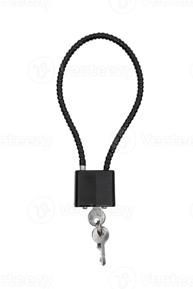 A black cable lock with a looped design and two silver keys attached, isolated on a white background. photo