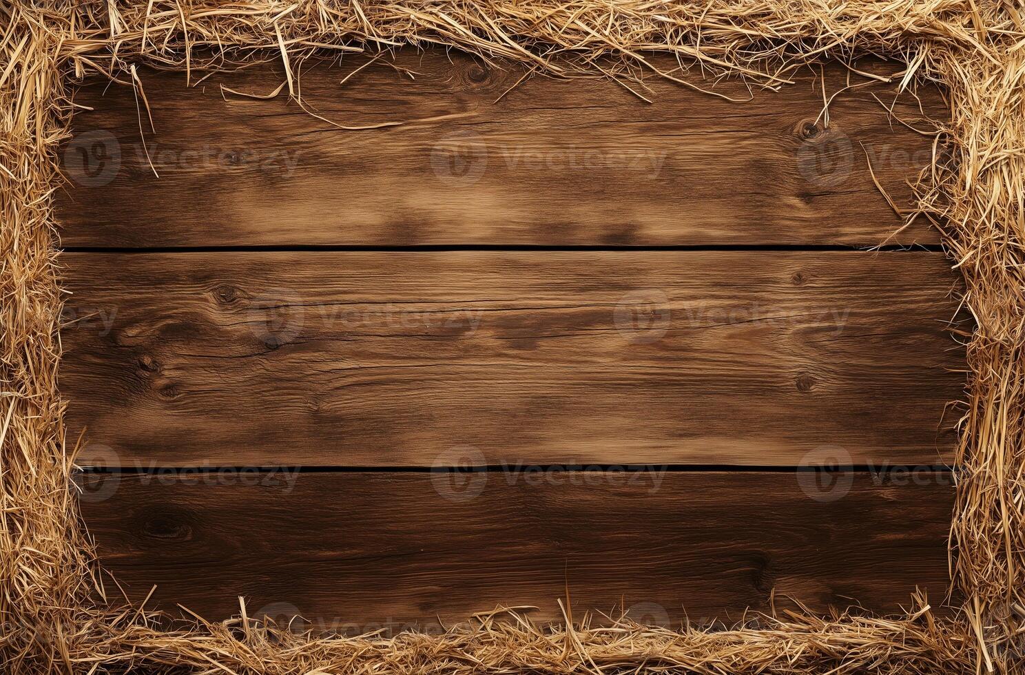 Wooden background with hay border, rustic wooden planks, natural texture, farm theme, empty space for text or design, countryside style, barn wood, straw frame, vintage look, agricultural setting photo