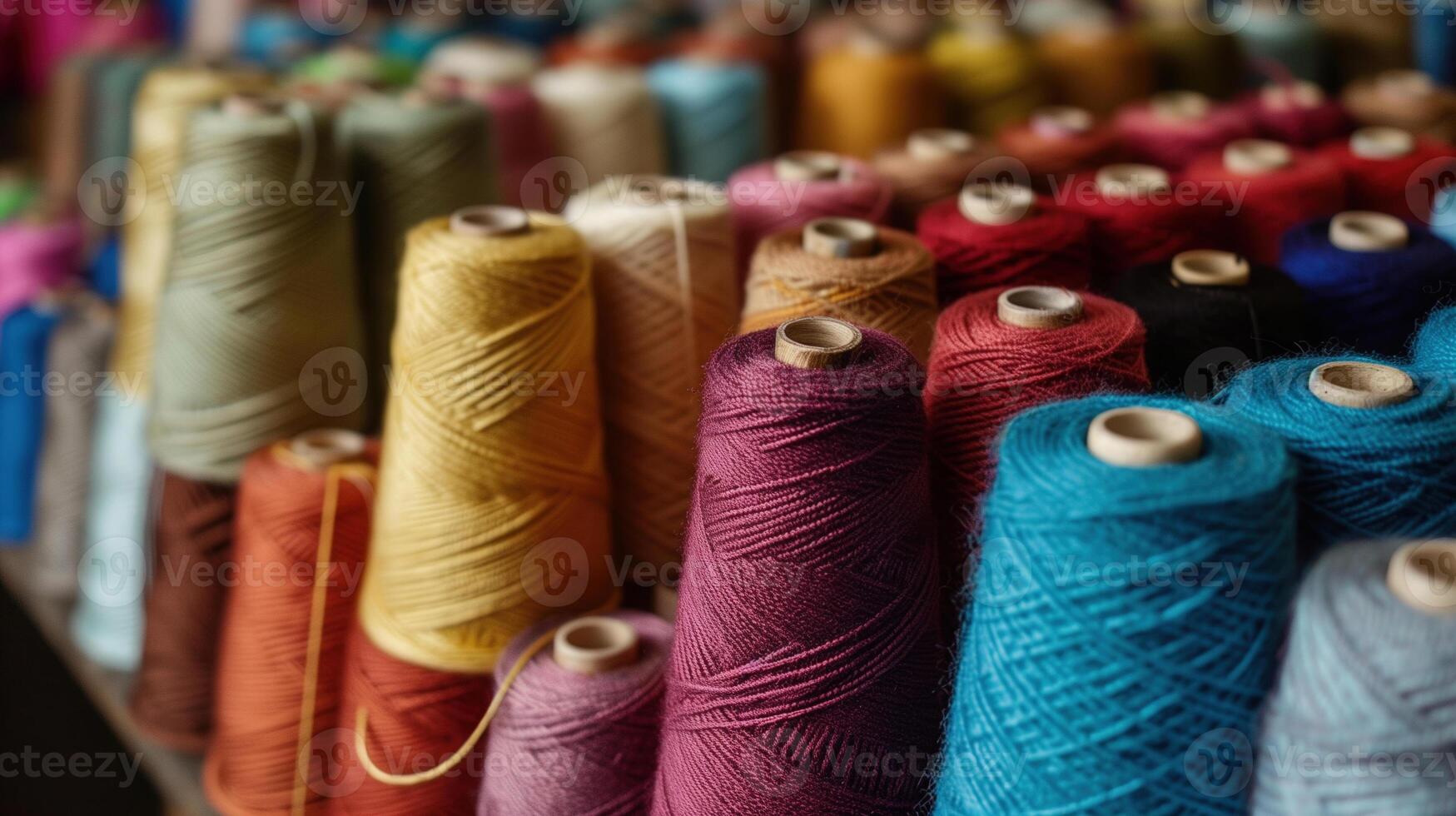 Multicolored yarn spools used in textile industry. Set of colored threads for sewing on coils. Pile of big colorful spools of thread. Colored thread spools of thread large class, textiles, back photo