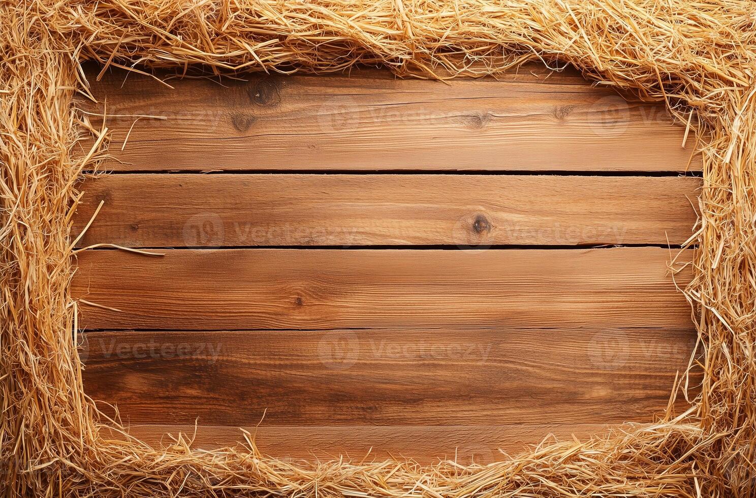 Wooden background with hay border, rustic wooden planks, natural texture, farm theme, empty space for text or design, countryside style, barn wood, straw frame, vintage look, agricultural setting photo