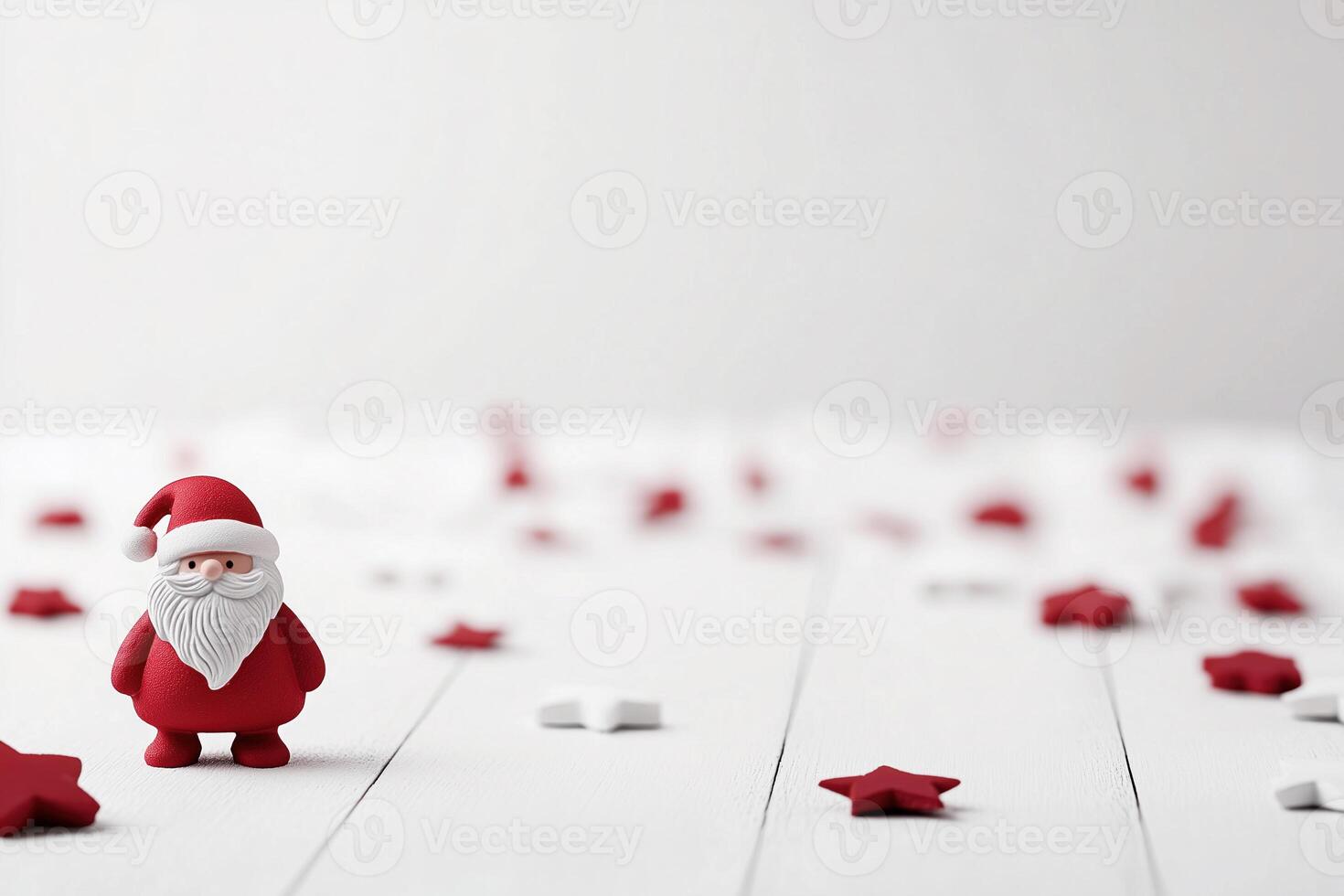 A small Santa Claus figurine stands on a white surface, surrounded by scattered red and white star-shaped decorations, creating a festive and minimalist holiday scene photo