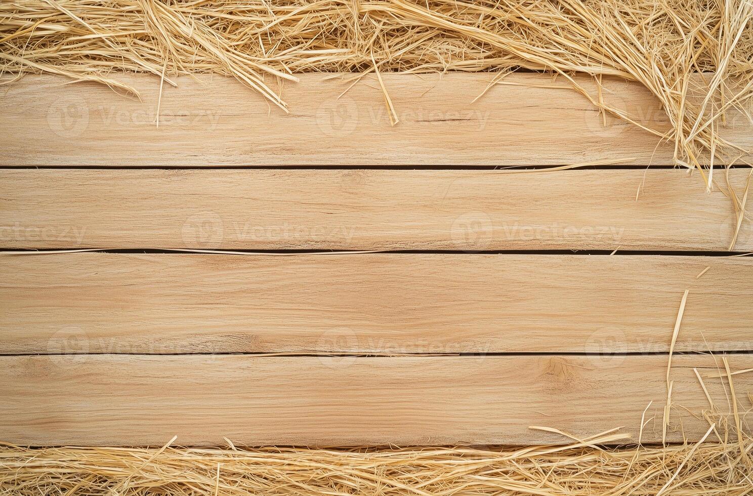 Wooden planks with straw on top and bottom, rustic background, natural texture, farm theme, suitable for agricultural or countryside concepts photo