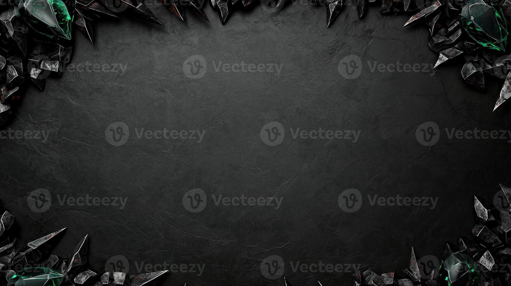 Dark and dramatic fantasy background featuring sharp, jagged black rocks with metallic accents, creating a luxurious and mystical atmosphere, perfect for game design, posters, or digital art photo