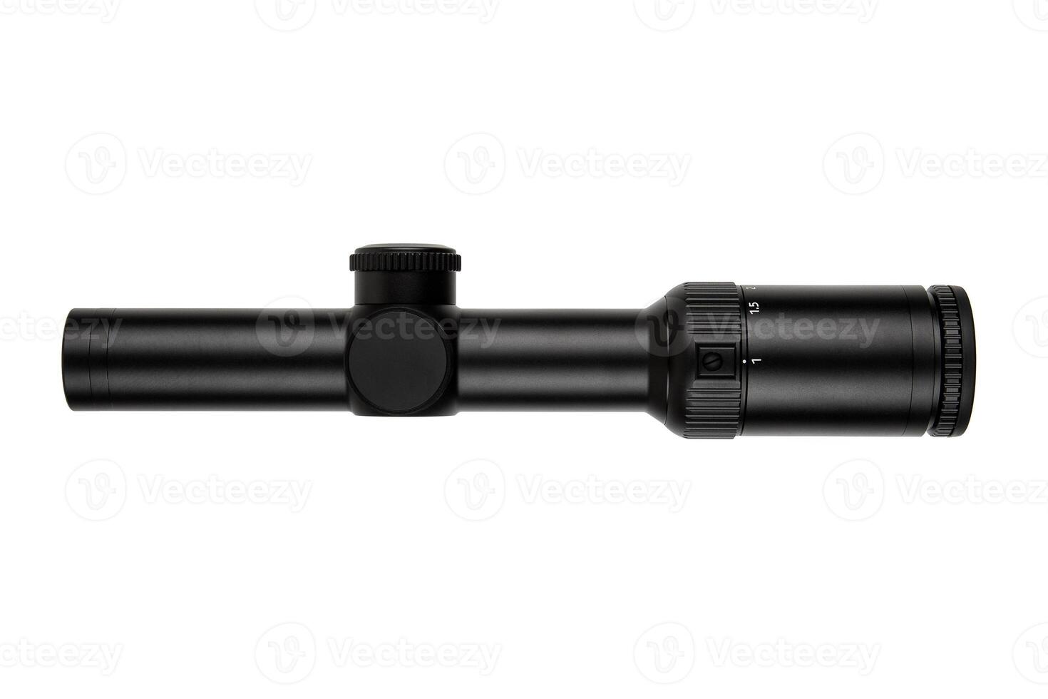 Black rifle scope with adjustment knobs and magnification settings, isolated on a white background. photo
