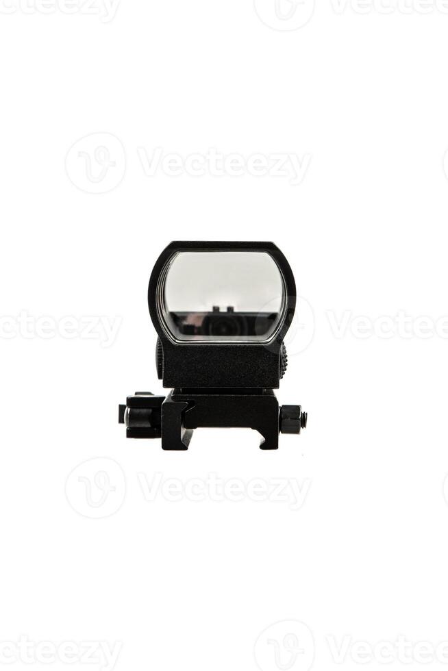 A black tactical reflex sight with adjustment knobs and a mounting base, designed for precision aiming on firearms, isolated on a white back. photo