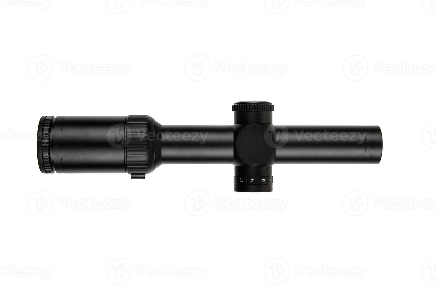 Black rifle scope with adjustment knobs and magnification settings, isolated on a white background. photo