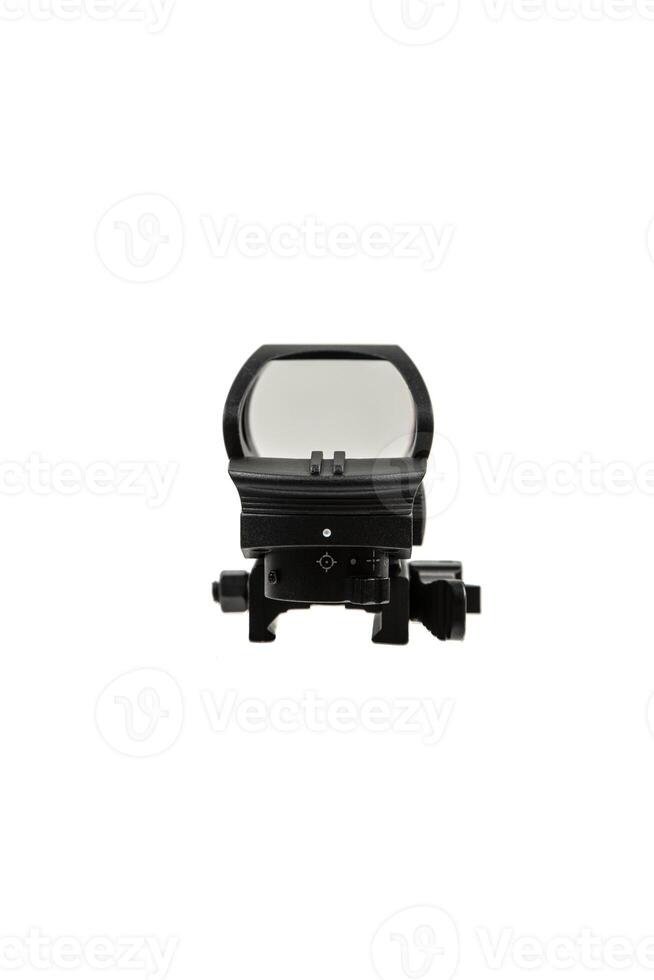 A black tactical reflex sight with adjustment knobs and a mounting base, designed for precision aiming on firearms, isolated on a white back. photo