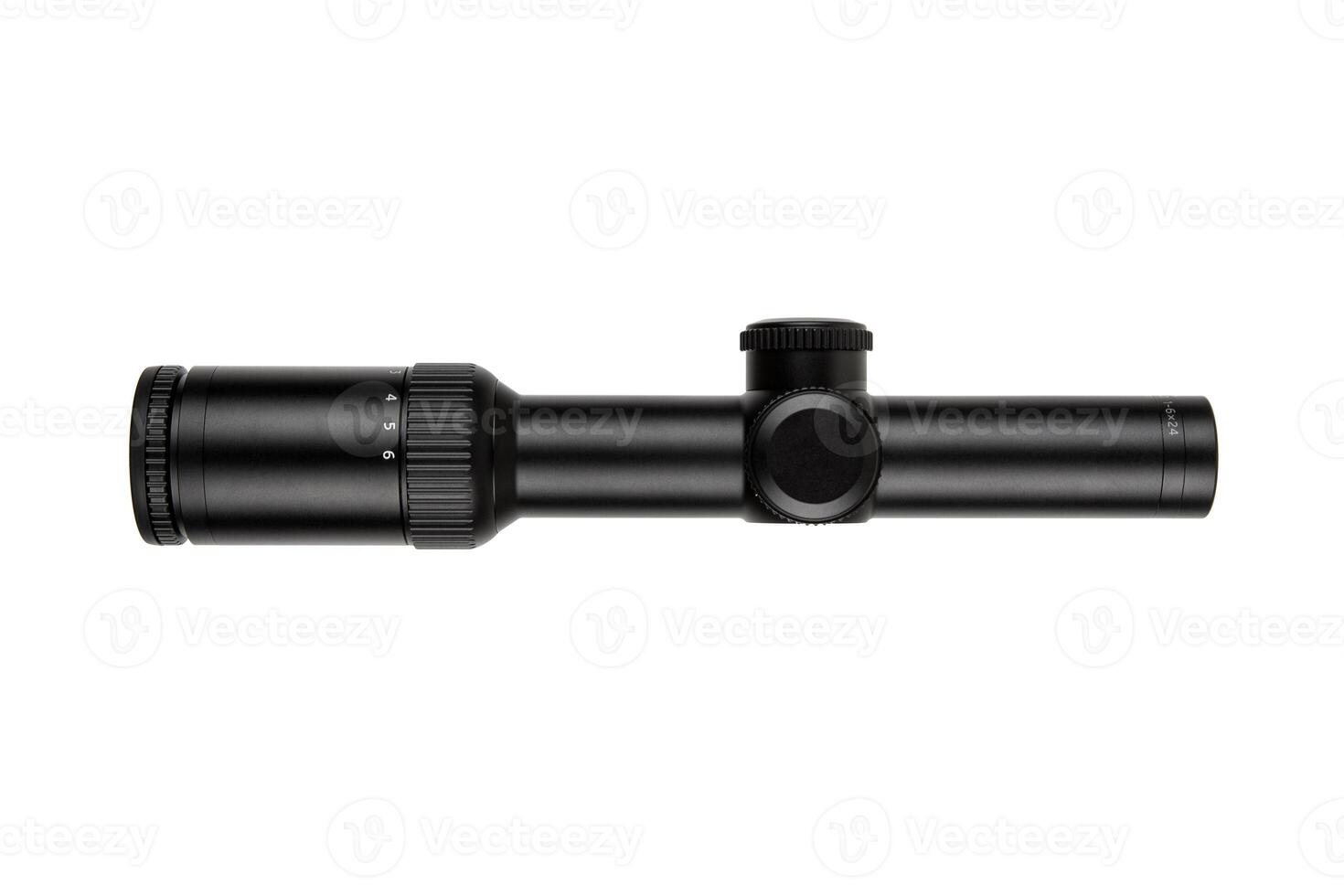 Black rifle scope with adjustment knobs and magnification settings, isolated on a white background. photo