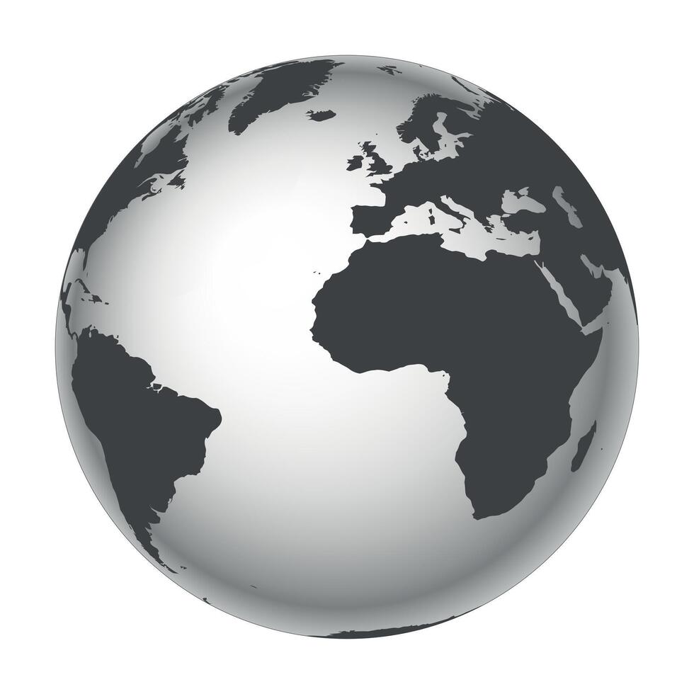 Earth globe - world map with continents on planet Earth, black and white illustration on white background vector