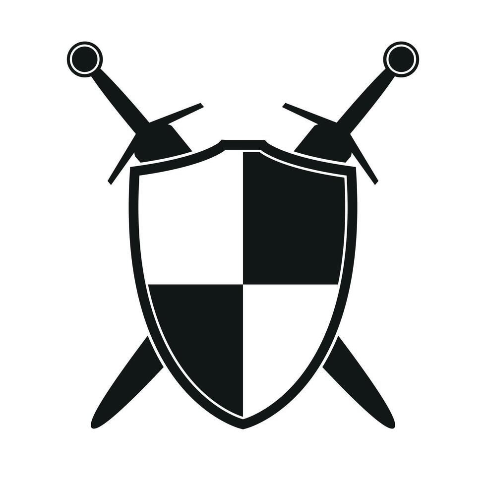 shield with chessboard and two crossed swords icon silhouette, illustration of medieval sword isolated on a white background vector