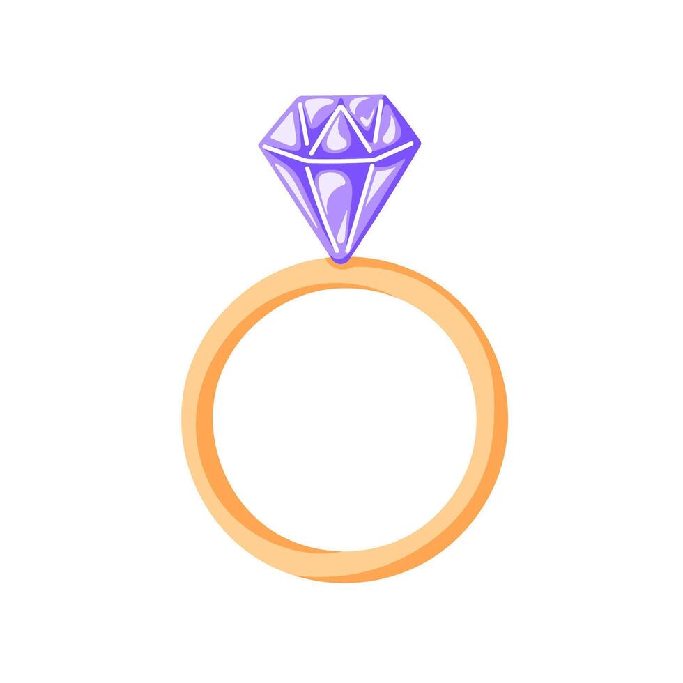 Ring with violet diamond in cartoon style. Gold ring for engagement with gemstone. Valentines Day holiday sticker for propose and marriage design. Isolated on white background. vector