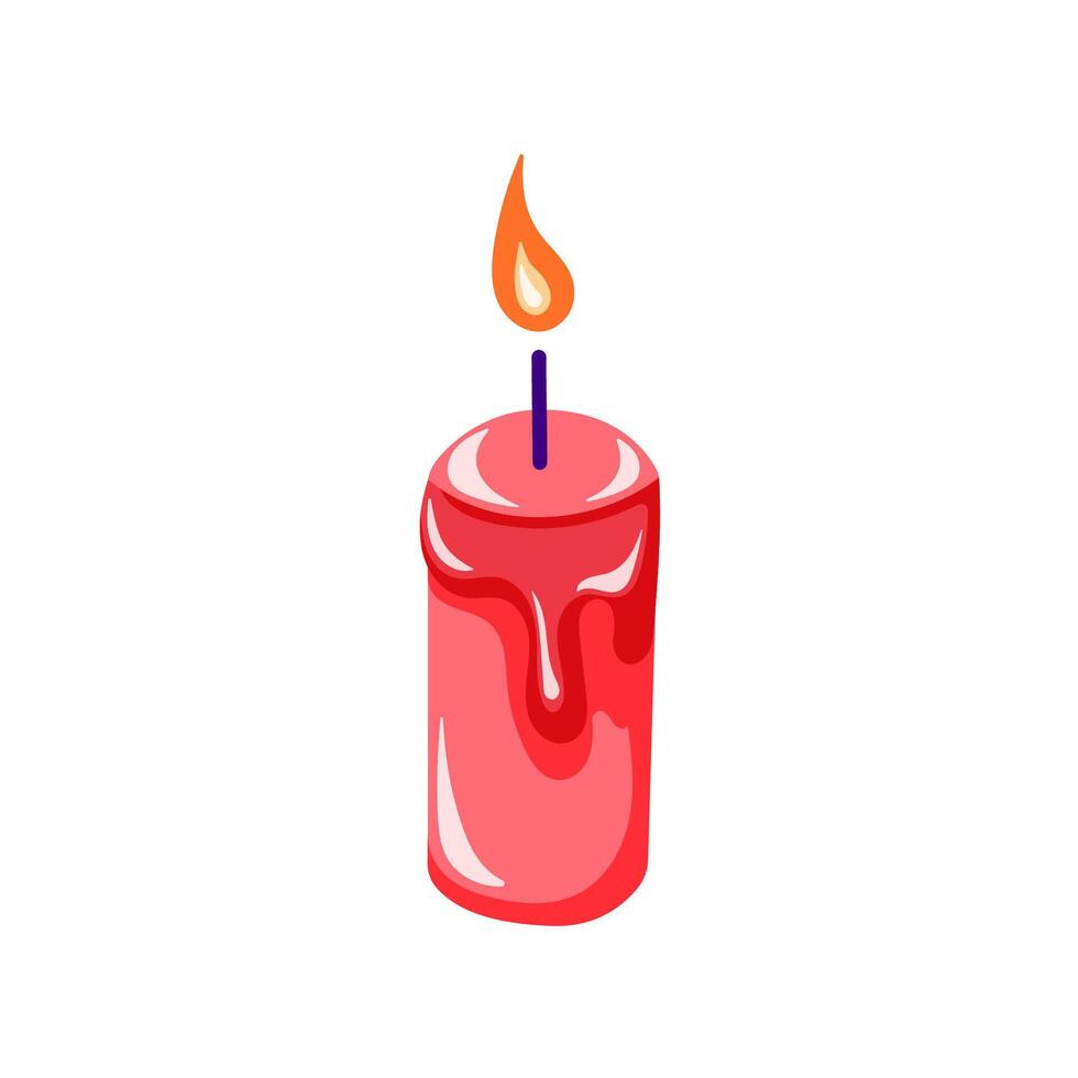 Decorative red candle with soft flame in cartoon style. Design for Valentine day card. Isolated on white background. vector