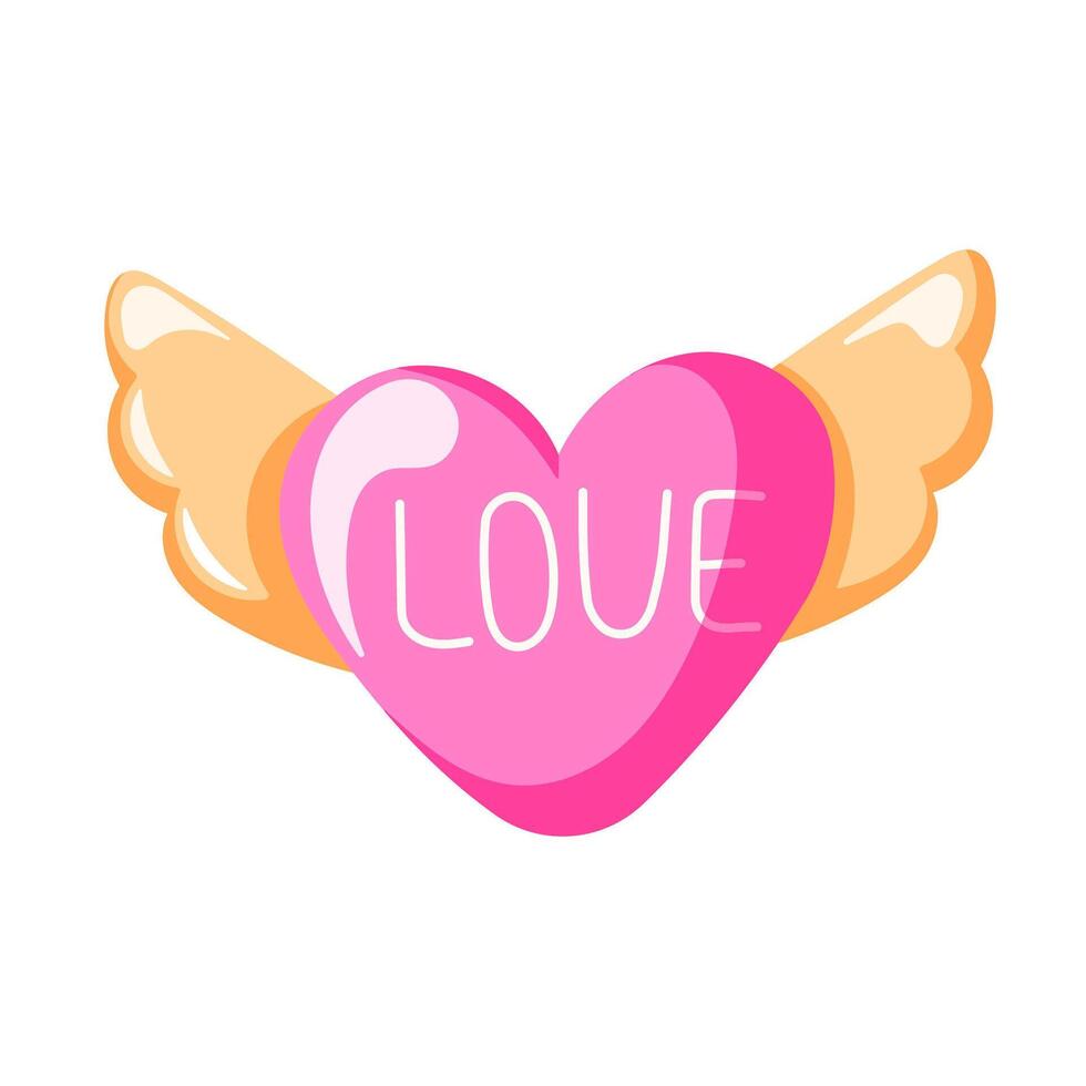 Cute pink heart with wings in cartoon style. Valentine Day symbol for romantic holiday celebration, wedding invitation, greeting card design. Isolated on a white background. vector