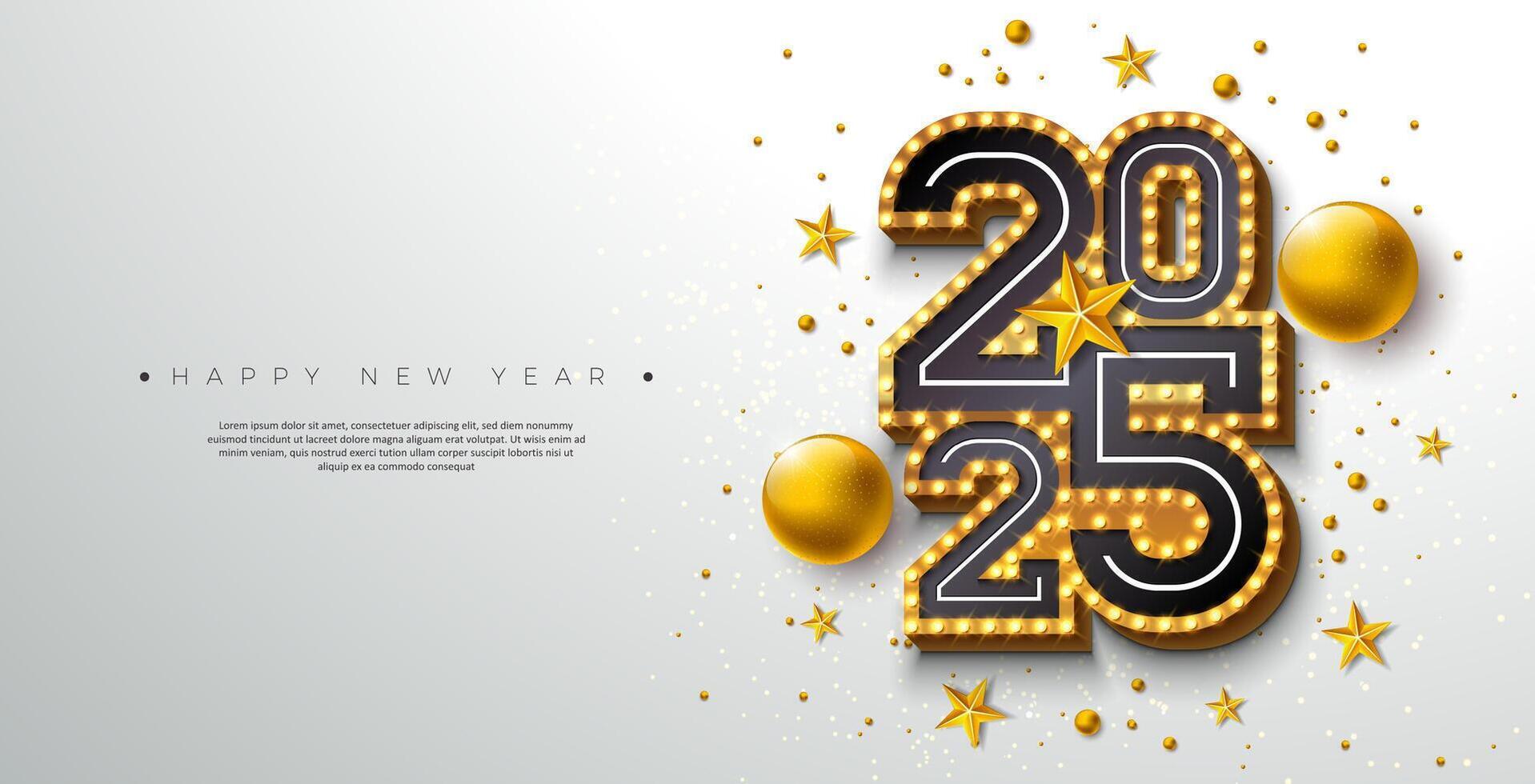 2025 Happy New Year Illustration with 3d Glowing Light Bulb Billboard Typography Number, Christmas Ball and Golden Star on White Background. Holiday Design for Party Flyer, Celebration Banner vector