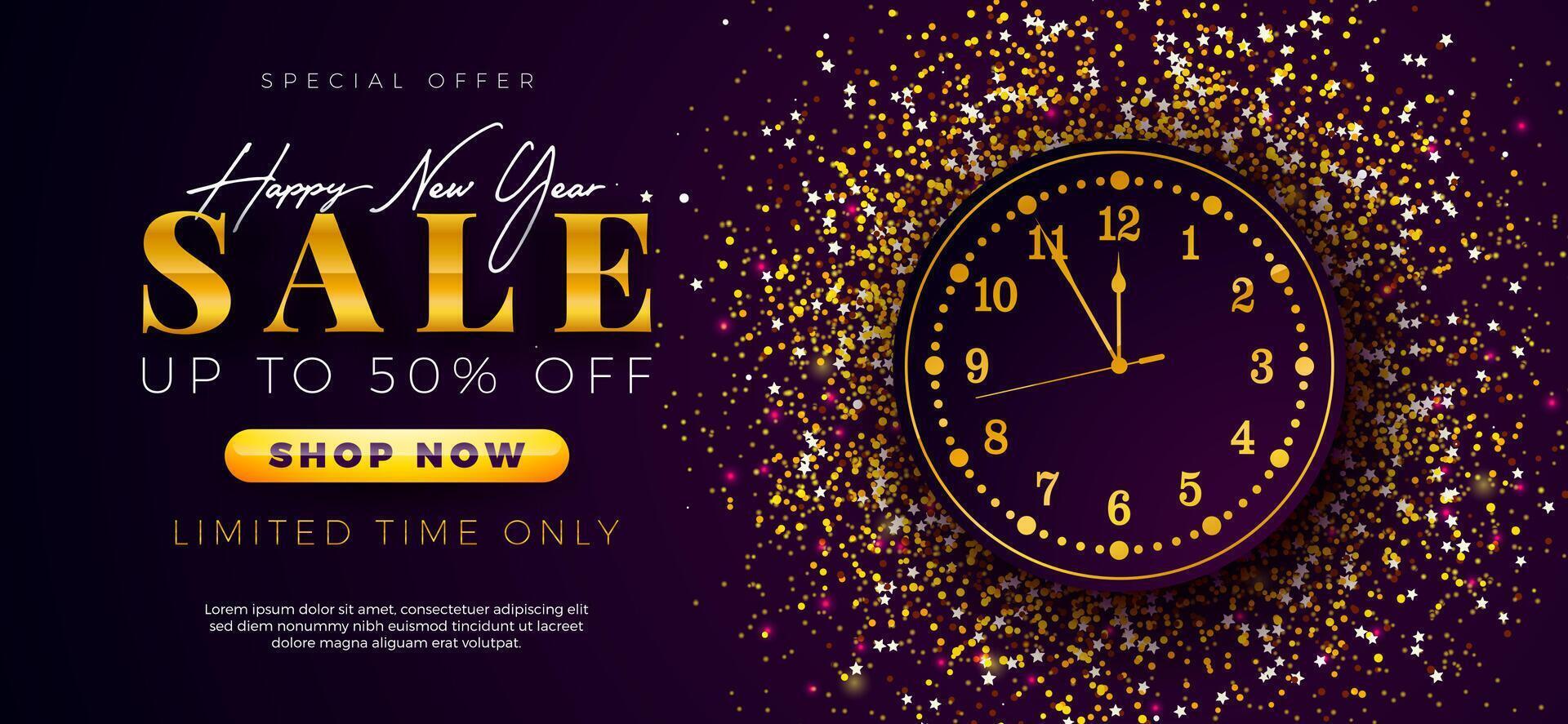 Happy New Year Sale 2025 Design with Gold Typography Lettering and Clock on Glittered Background. Holiday Special Offer Campaign Discount Illustration for Coupon, Voucher, Banner, Flyer, Promotional vector