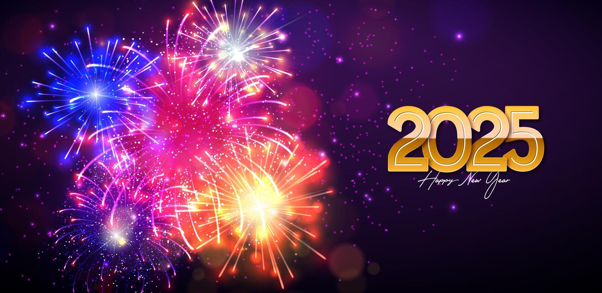 2025 Happy New Year Illustration with Gold Number and Glowing Fireworks on Night Blue Background. Christmas Holiday Design with Typography Lettering for Banner, Flyer, Greeting Card, Celebration vector