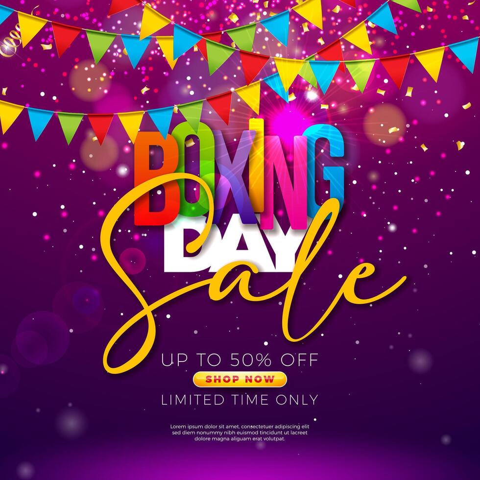 Boxing Day Sale Design with Colorful Typography Lettering and Party Flag on Shiny Violet Background. Christmas Holiday Business Illustration with Special Offer Elements for Coupon, Voucher vector