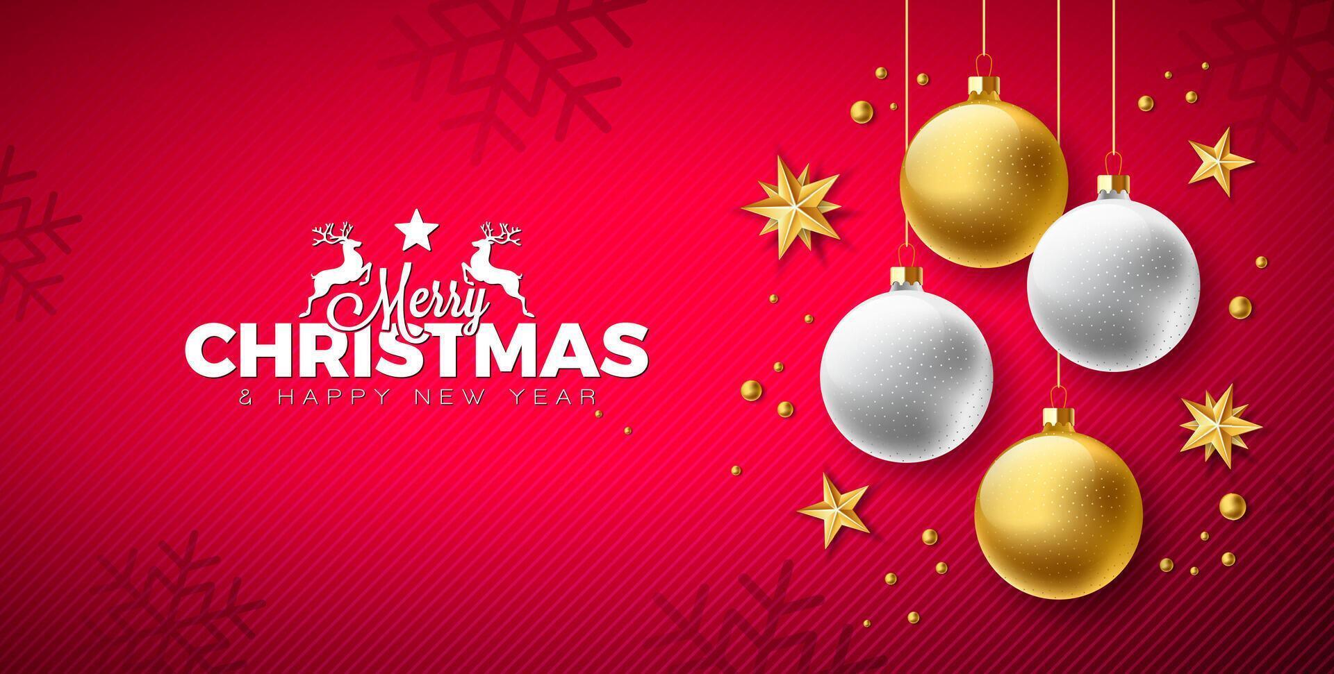 Merry Christmas and Happy New Year Banner with Gold and White Glass Ball and Typography Letter on Red Background. Holiday Season Design for Greeting Card, Party Flyer, Celebration Poster and vector