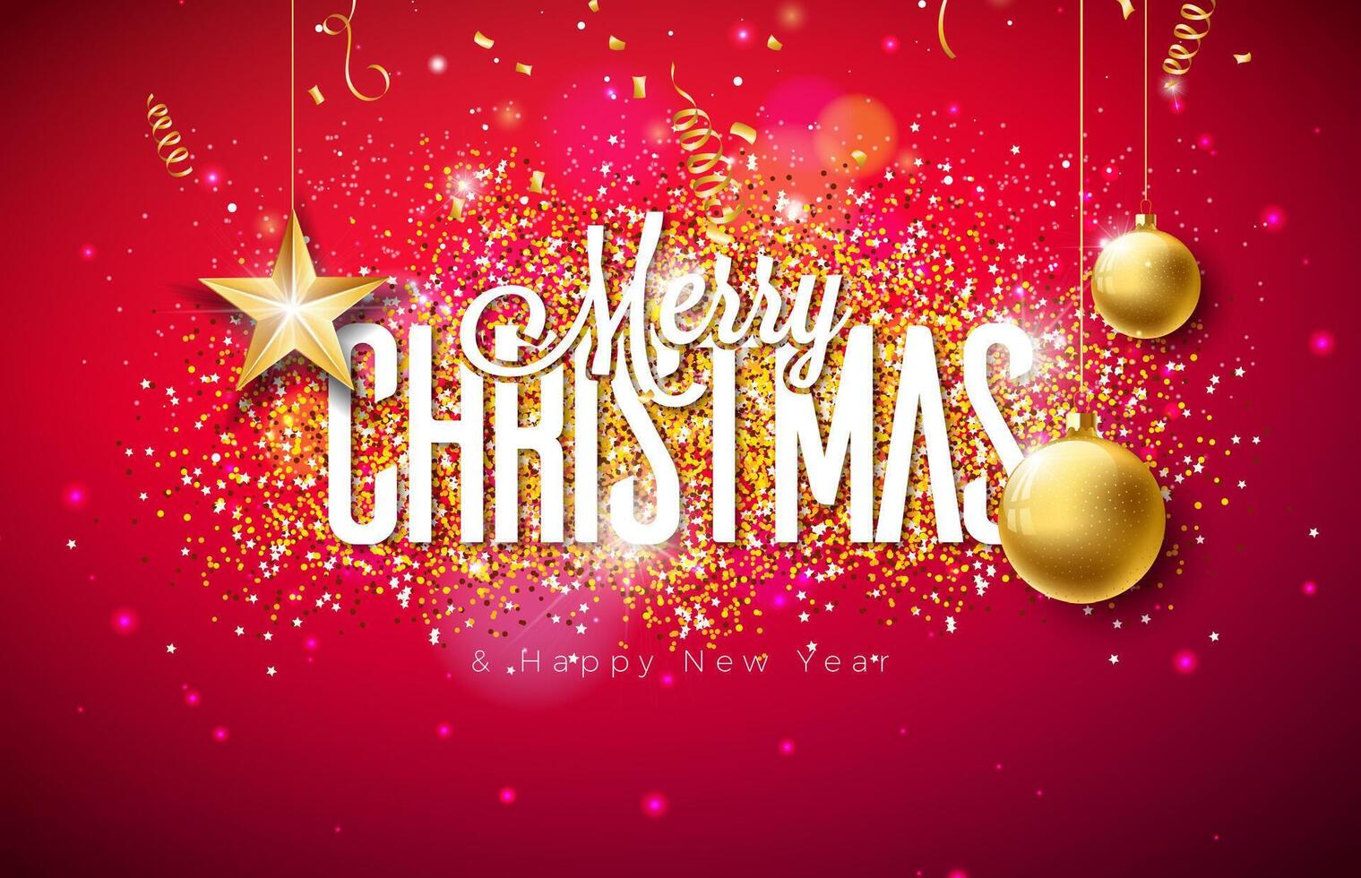 Merry Christmas and Happy New Year Illustration with Glittered Typography Letter, Gold Glass Ball and Falling Confetti on Shiny Red Background. Holiday Season Design for Greeting Card, Party vector