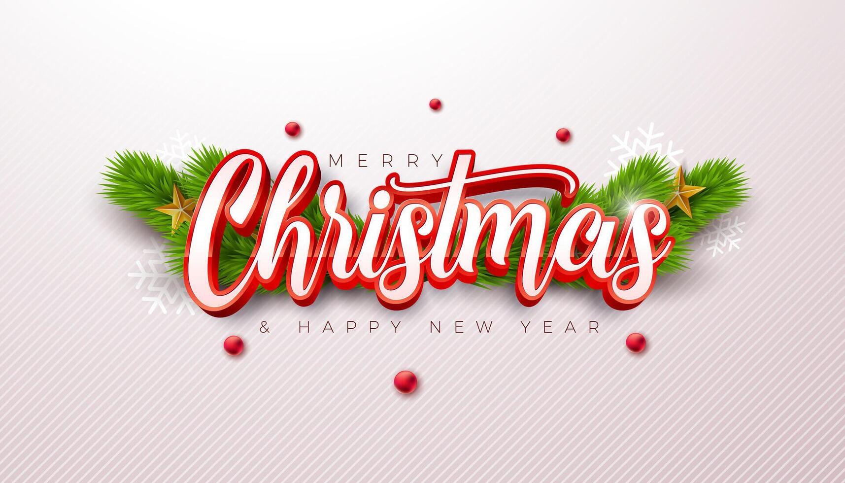 Merry Christmas and Happy New Year Banner with Fir Branch and 3d Typography Lettering on White Background. Holiday Season Banner Design for Greeting Card, Party Flyer, Celebration Poster and vector